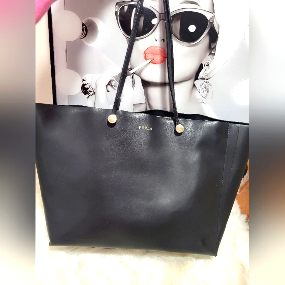 EUC! Furla Eden Leather Tote black with Removable Zip Clutch multi color $398